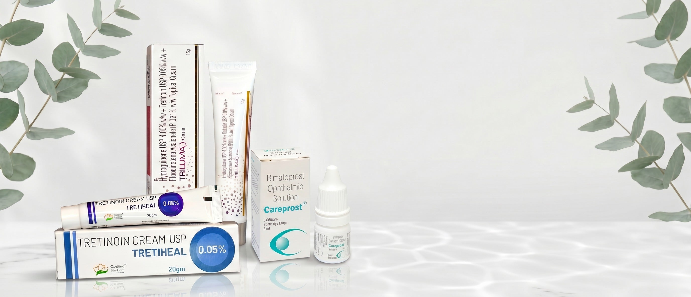 SkinCareEX hero banner - products on marble with eucalyptus